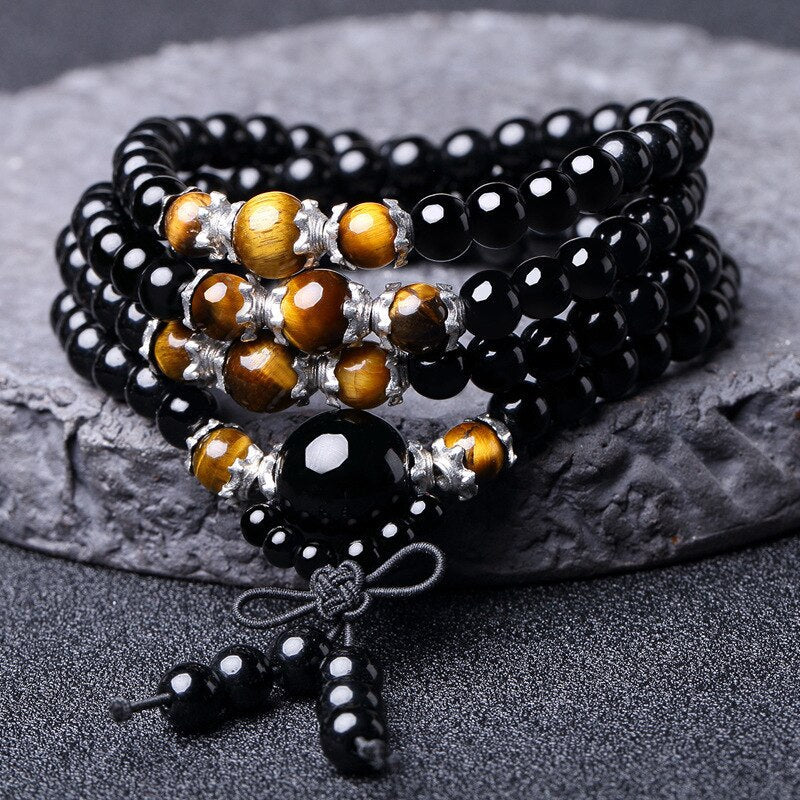 Obsidian Tiger Eye Mala Bracelet for Meditation