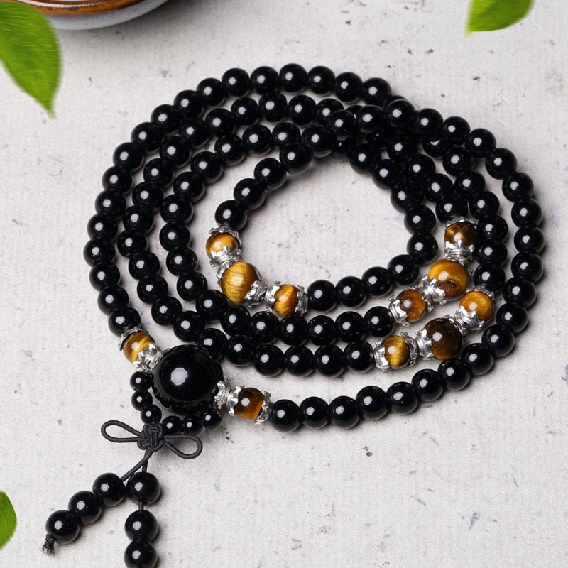 Obsidian Tiger Eye Mala Bracelet for Meditation