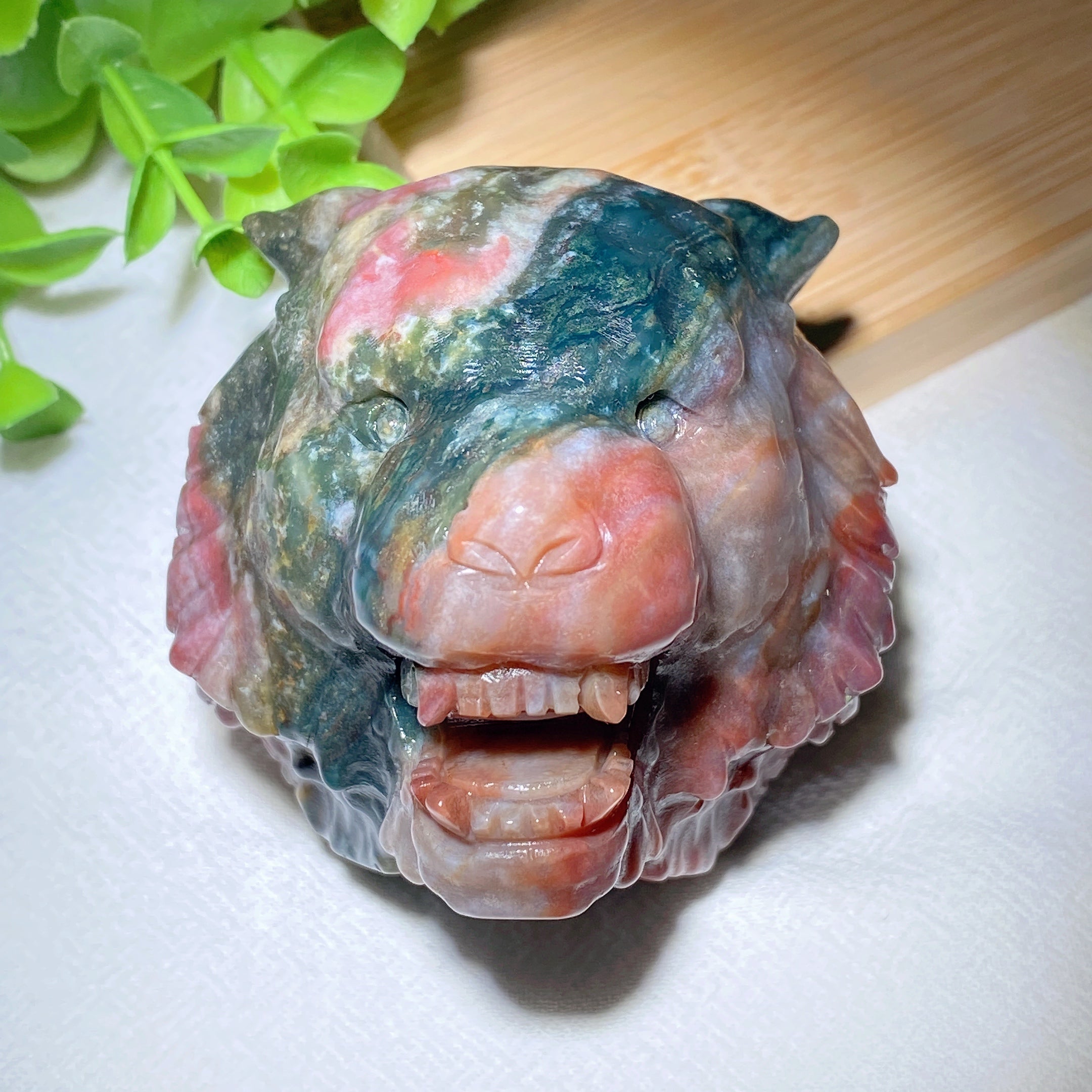 Ocean Jasper Tiger Head Carving 2.4 Inch Spiritual Figurine