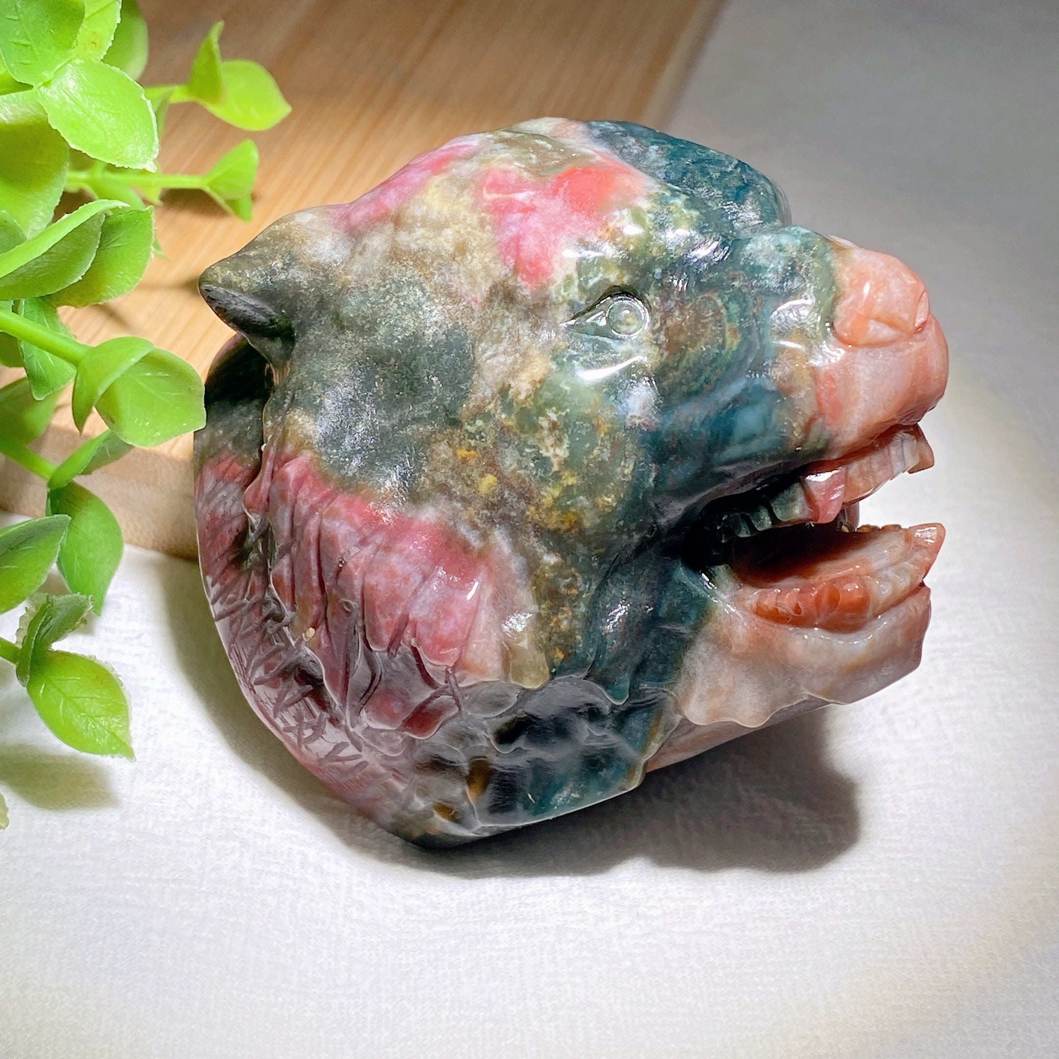 Ocean Jasper Tiger Head Carving 2.4 Inch Spiritual Figurine