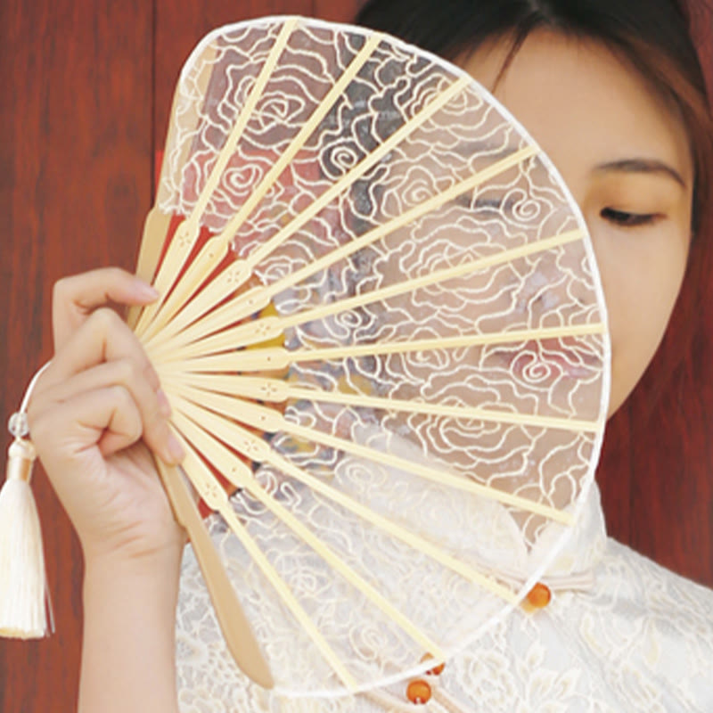 OldLace Rose Embroidery Chinese Folding Fan 22cm