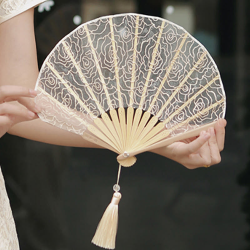 OldLace Rose Embroidery Chinese Folding Fan 22cm
