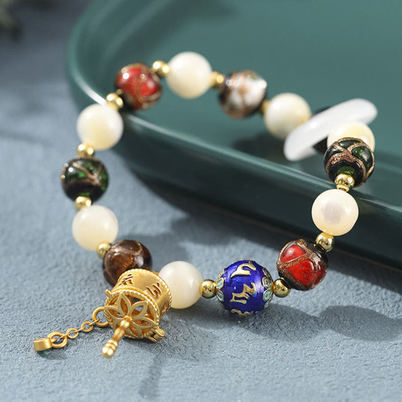 Om Mani Padme Hum Om Bracelet with Tridacna & Sun Stones 14-16cm