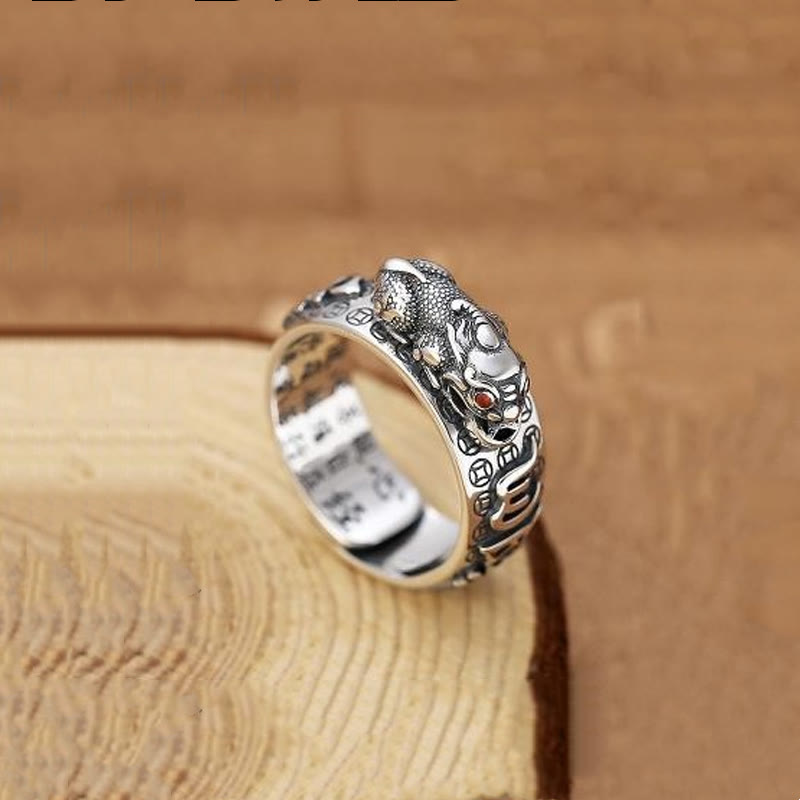 Om Mani Padme Hum Silver PiXiu Wealth Ring 990 Sterling