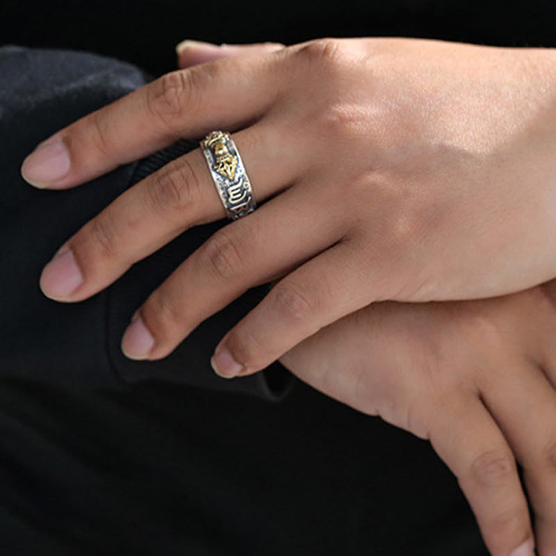 Om Mani Padme Hum Silver PiXiu Wealth Ring 990 Sterling