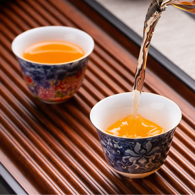 Orchid 70ml Ceramic Chinese Tea Cup with Blue Sea Waves