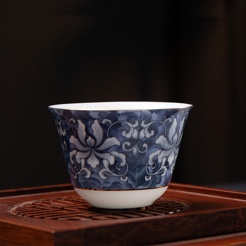 Orchid 70ml Ceramic Chinese Tea Cup with Blue Sea Waves