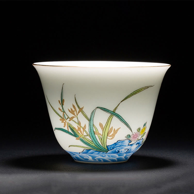 Orchid 70ml Ceramic Chinese Tea Cup with Blue Sea Waves