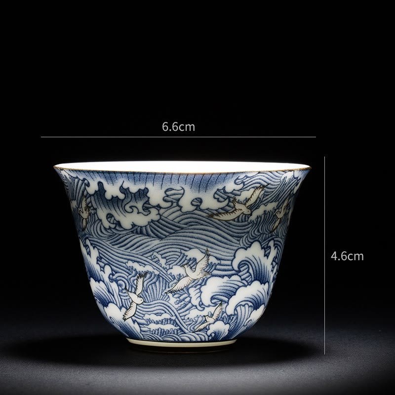Orchid 70ml Ceramic Chinese Tea Cup with Blue Sea Waves