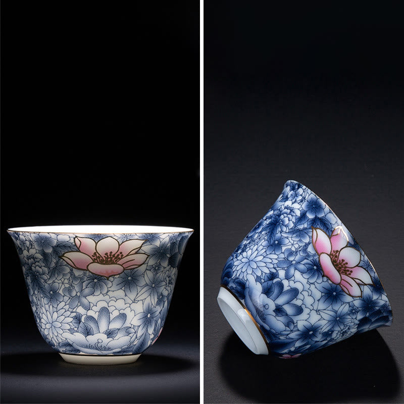 Orchid 70ml Ceramic Chinese Tea Cup with Blue Sea Waves