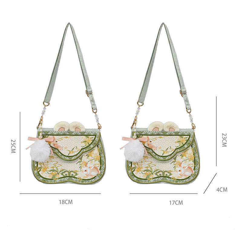 Osmanthus Rabbit Embroidery Crossbody Bag with Pearl Chain