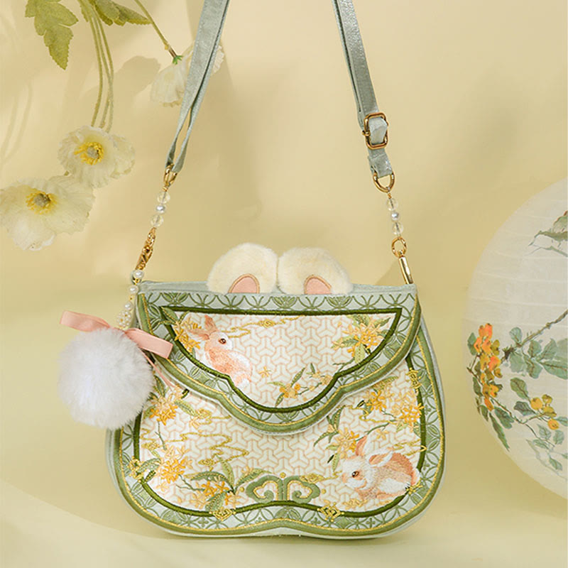 Osmanthus Rabbit Embroidery Crossbody Bag with Pearl Chain