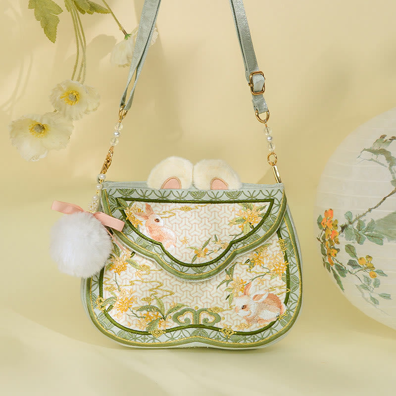 Osmanthus Rabbit Embroidery Crossbody Bag with Pearl Chain