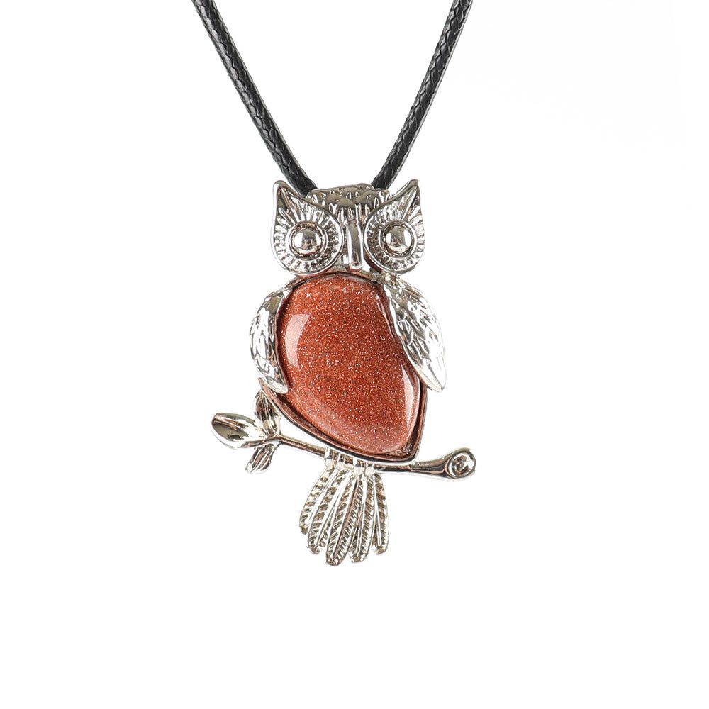 Owl Pendant Spiritual Necklace with Natural Gemstone 1.3 inch