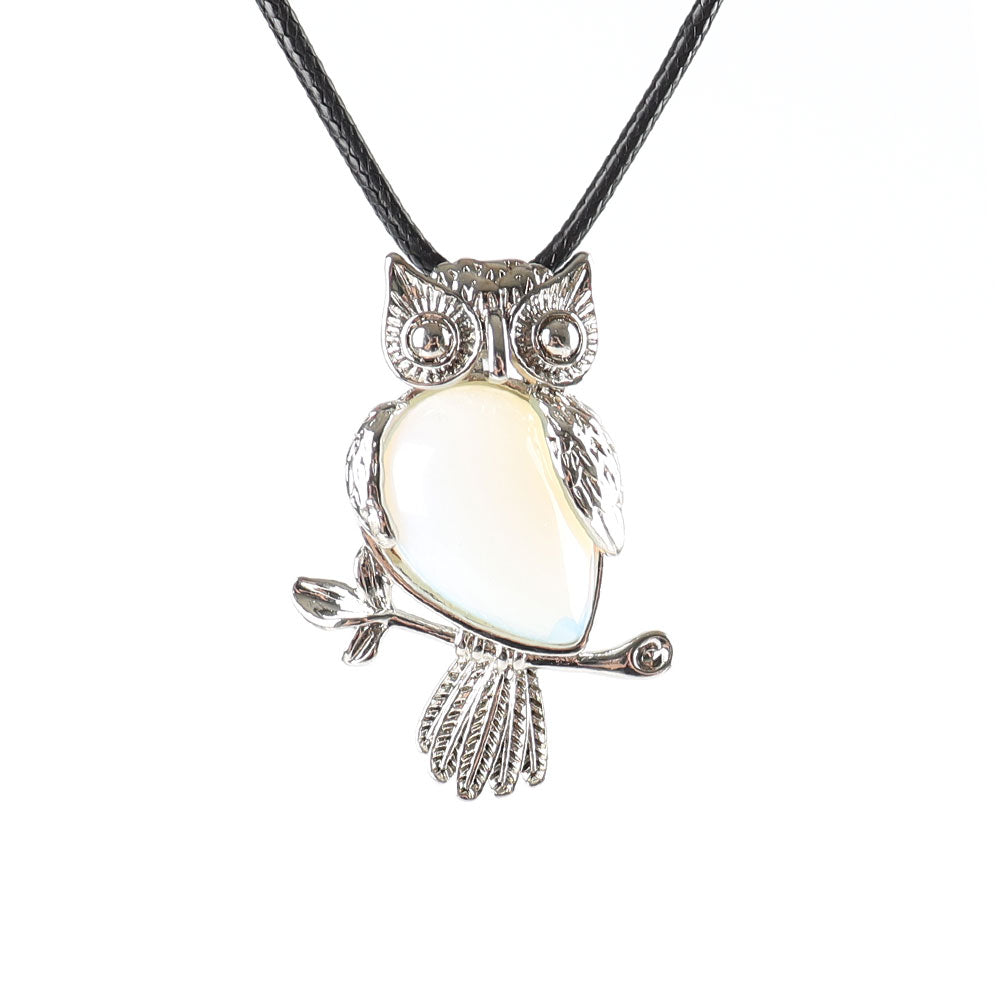 Owl Pendant Spiritual Necklace with Natural Gemstone 1.3 inch