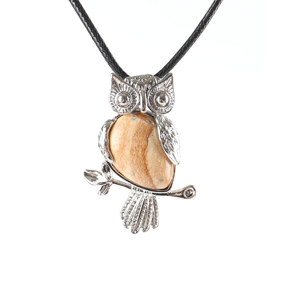Owl Pendant Spiritual Necklace with Natural Gemstone 1.3 inch