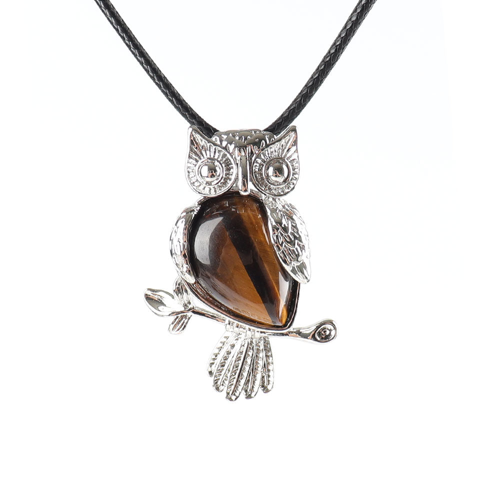 Owl Pendant Spiritual Necklace with Natural Gemstone 1.3 inch