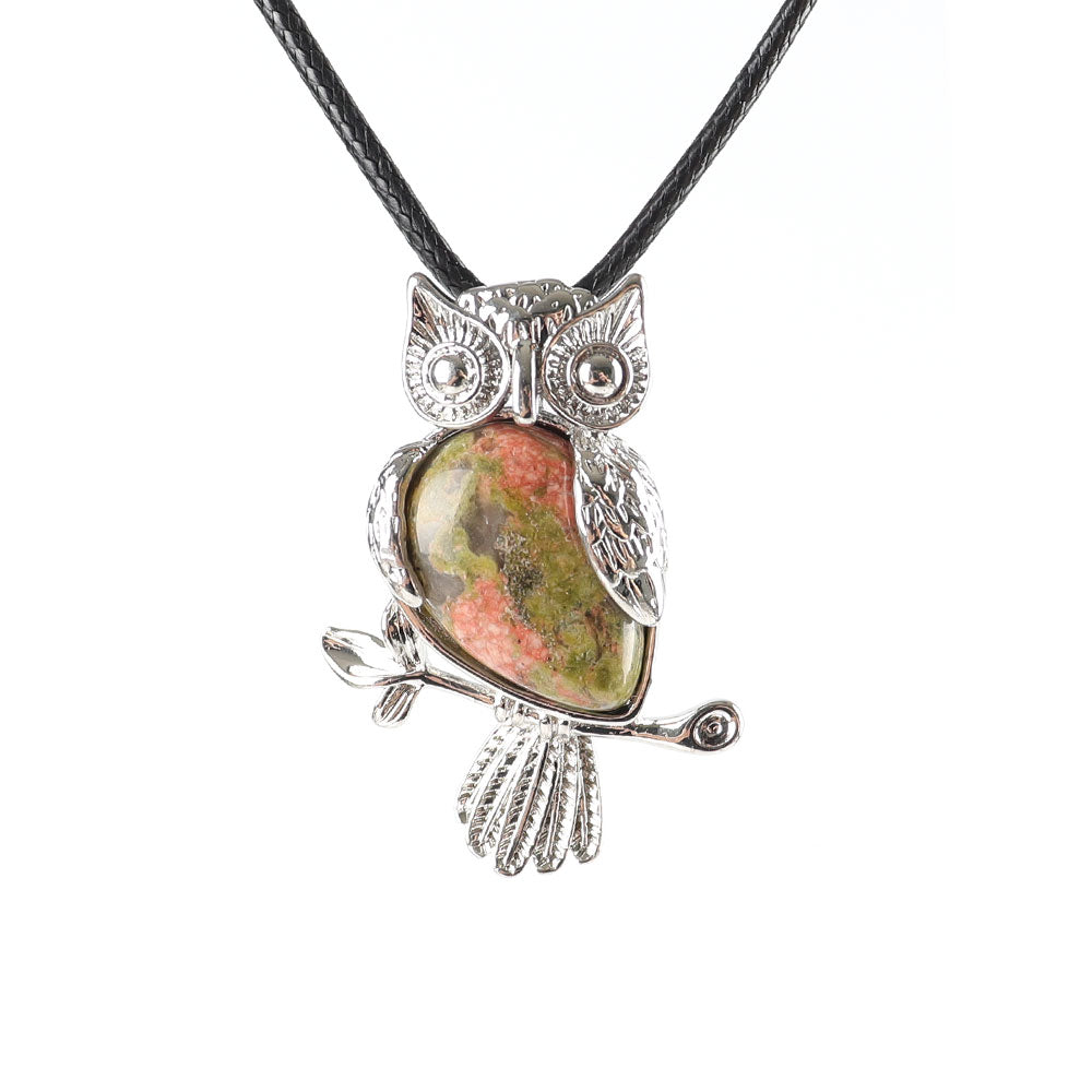 Owl Pendant Spiritual Necklace with Natural Gemstone 1.3 inch