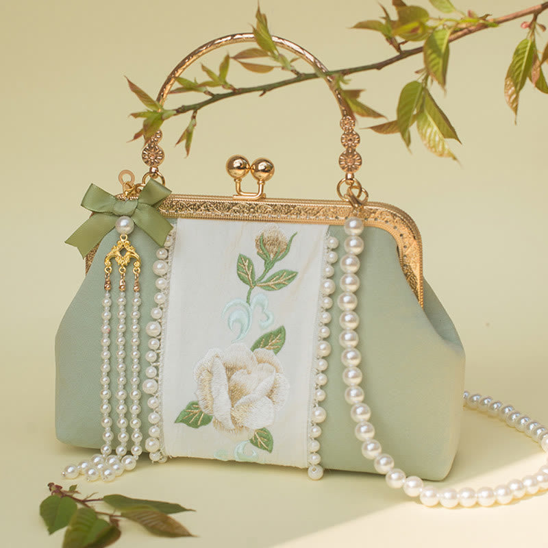 PaleGreen Floral Embroidery Crossbody Bag with Pearl Pendant