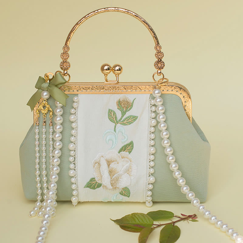 PaleGreen Floral Embroidery Crossbody Bag with Pearl Pendant