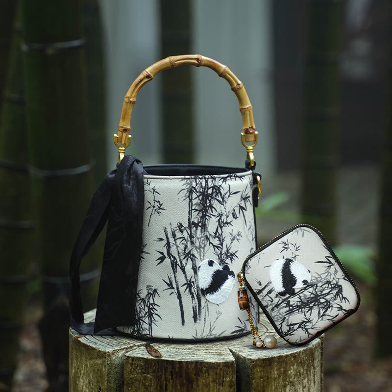 Panda Bamboo Magpie Embroidered Crossbody Bag 16x16x18cm