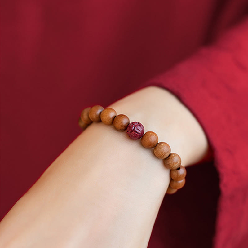 Peach Wood Cinnabar Lotus Bracelet for Luck & Wealth