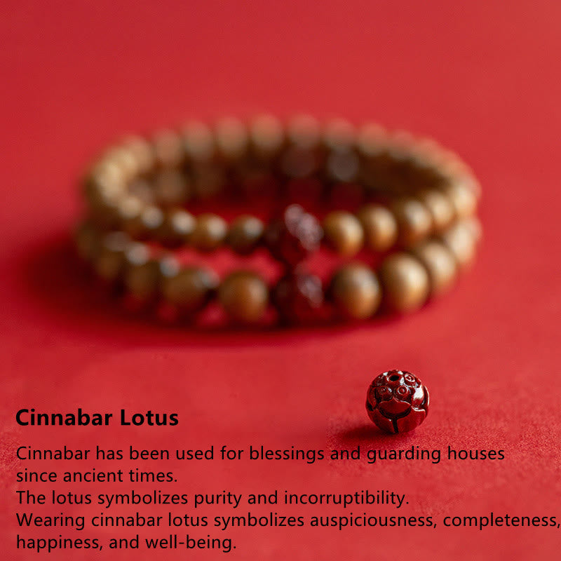 Peach Wood Cinnabar Lotus Bracelet for Luck & Wealth