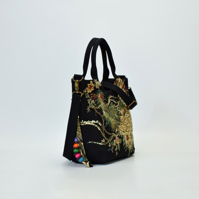 Peacock Embroidered Tote Bag | Canvas Shoulder Crossbody