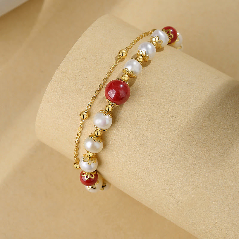 Pearl Cinnabar 925 Silver Wisdom Double Layer Chain Bracelet