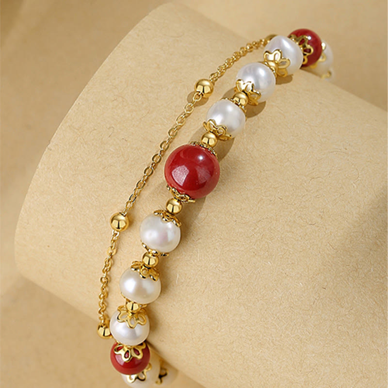 Pearl Cinnabar 925 Silver Wisdom Double Layer Chain Bracelet