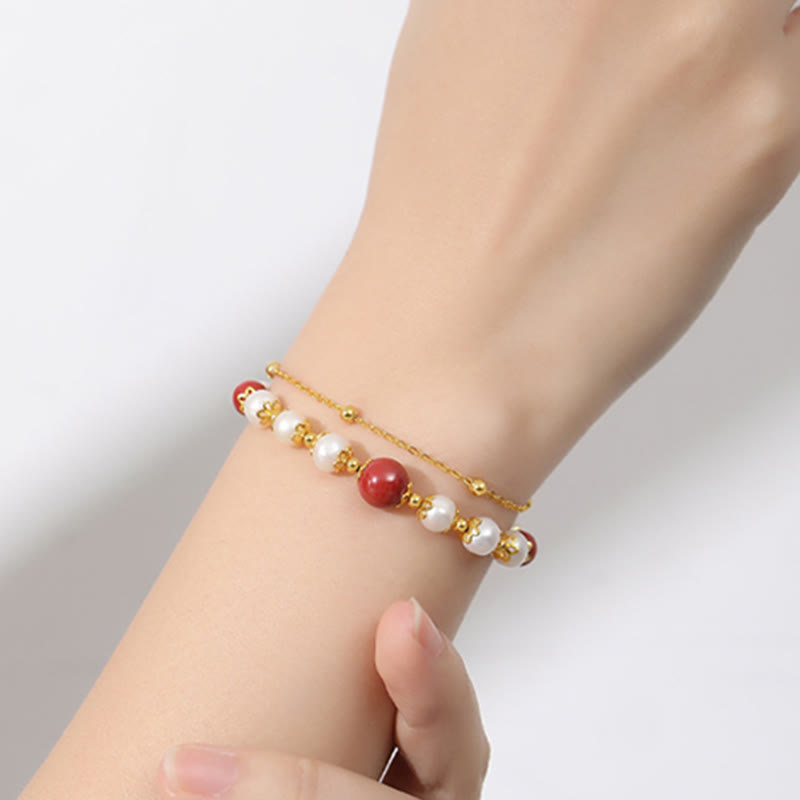 Pearl Cinnabar 925 Silver Wisdom Double Layer Chain Bracelet