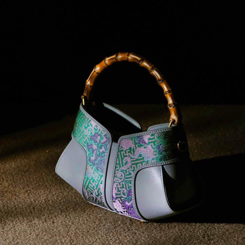 Peony Bamboo Handle Crossbody Bag in Song Brocade Silk