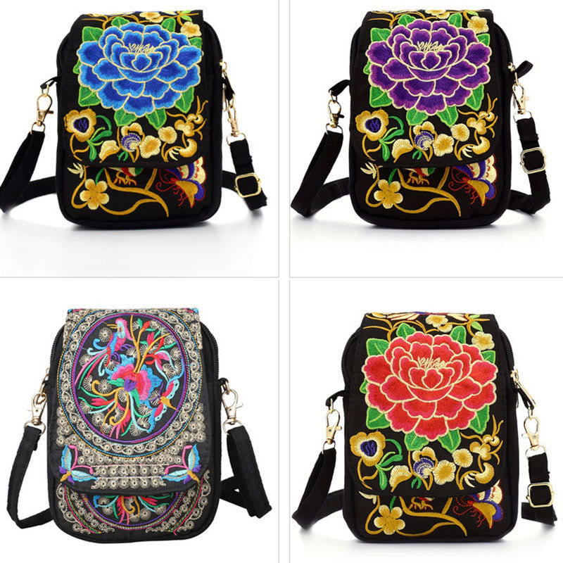 Peony Embroidery Canvas Crossbody Bag | Yoga Bag