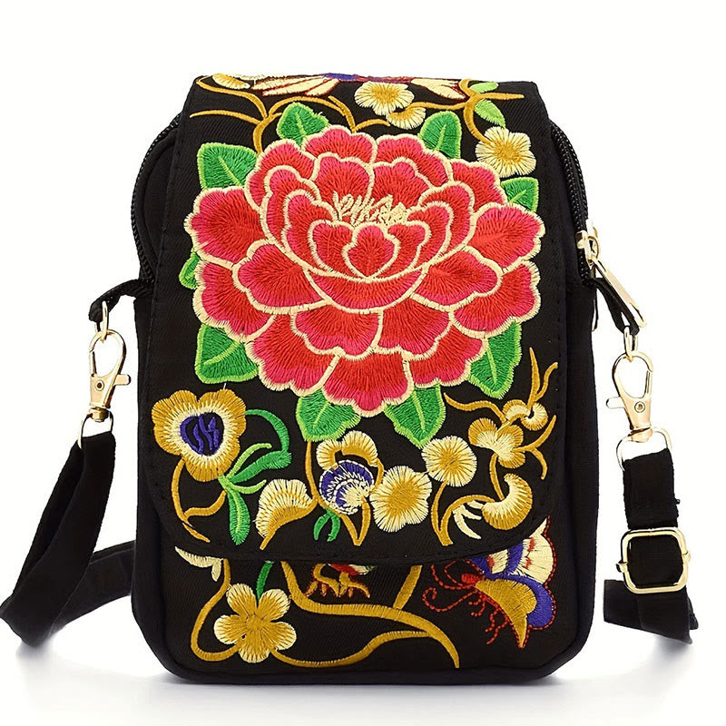 Peony Embroidery Canvas Crossbody Bag | Yoga Bag