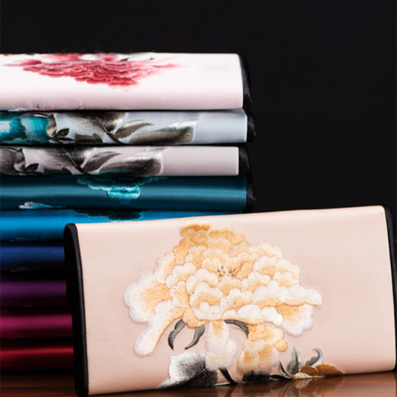 Peony Flower Embroidered Long Purse Handbag 20x10cm