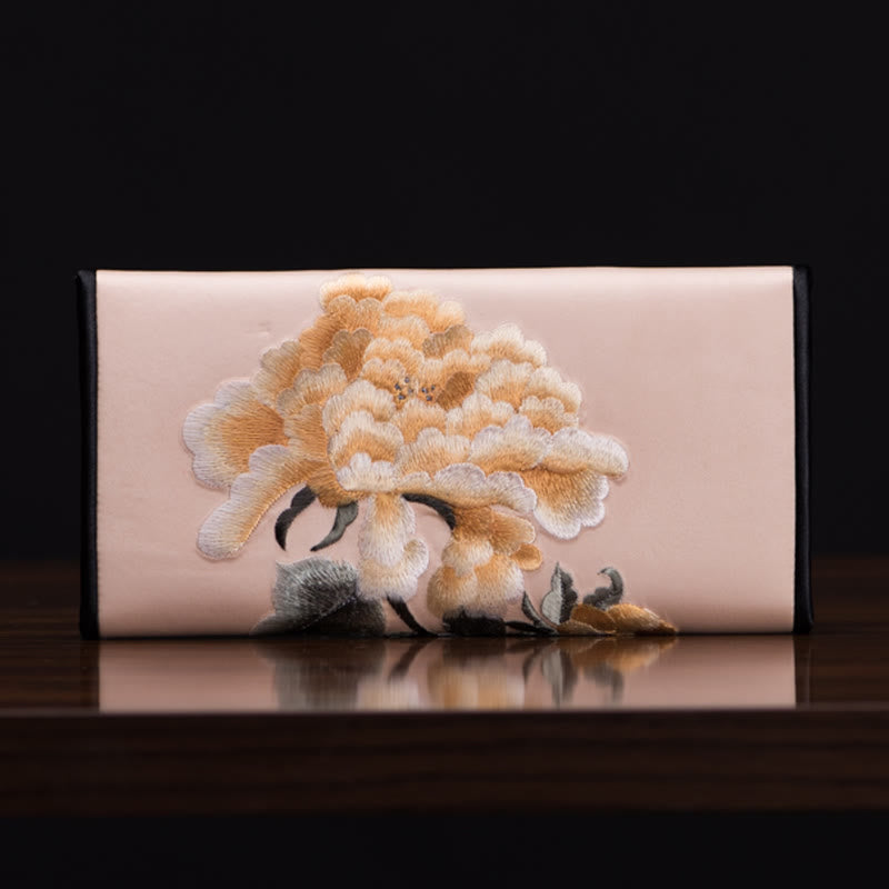 Peony Flower Embroidered Long Purse Handbag 20x10cm