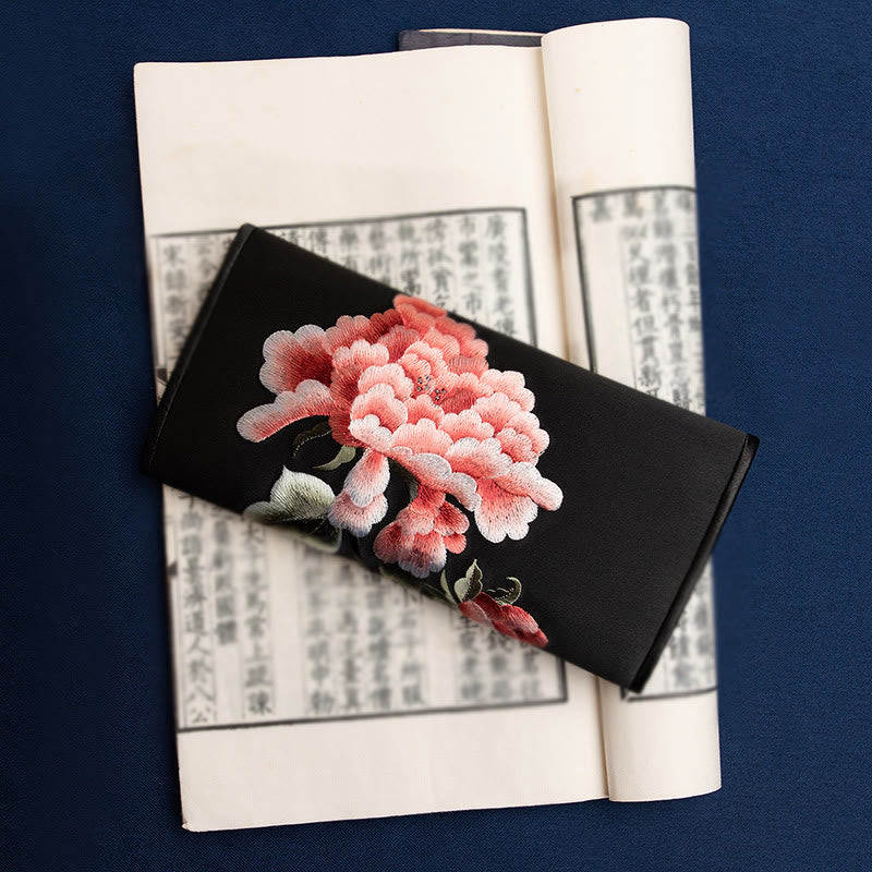 Peony Flower Embroidered Long Purse Handbag 20x10cm