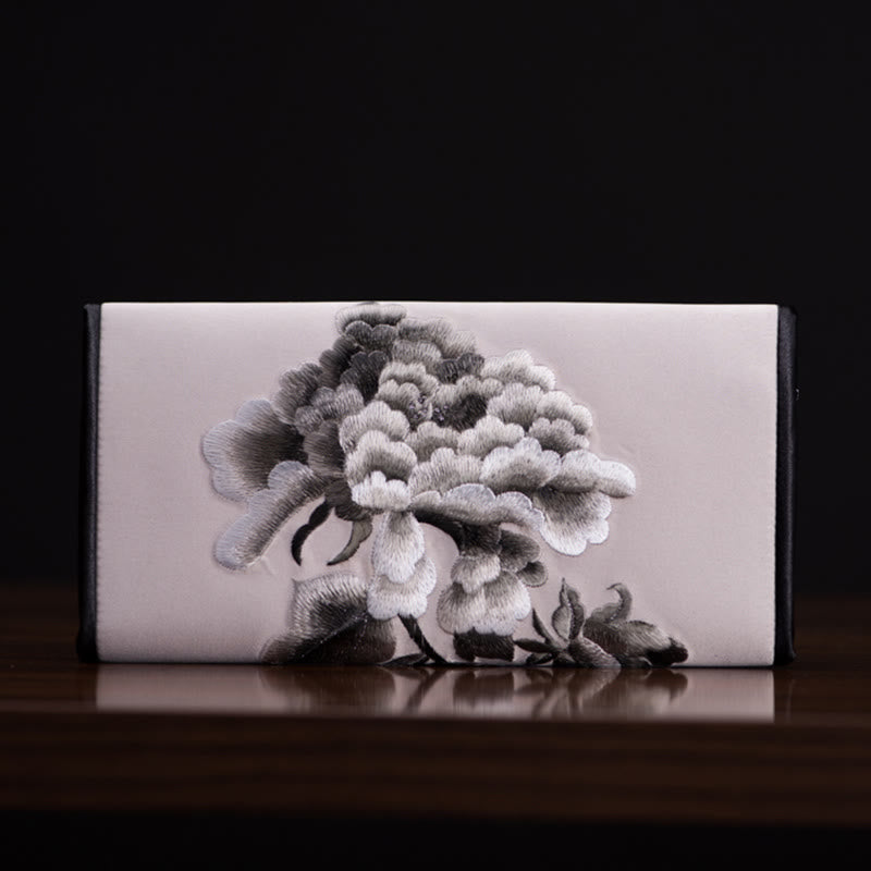 Peony Flower Embroidered Long Purse Handbag 20x10cm