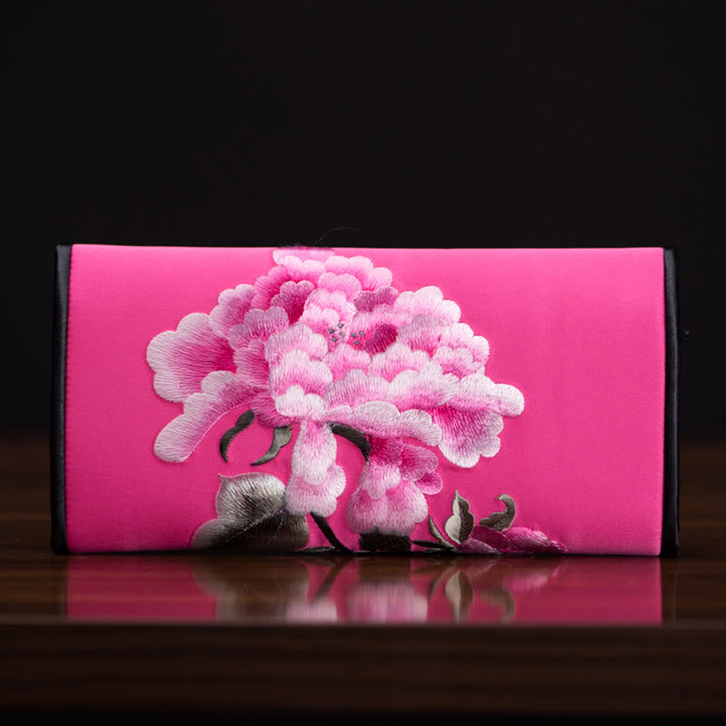 Peony Flower Embroidered Long Purse Handbag 20x10cm