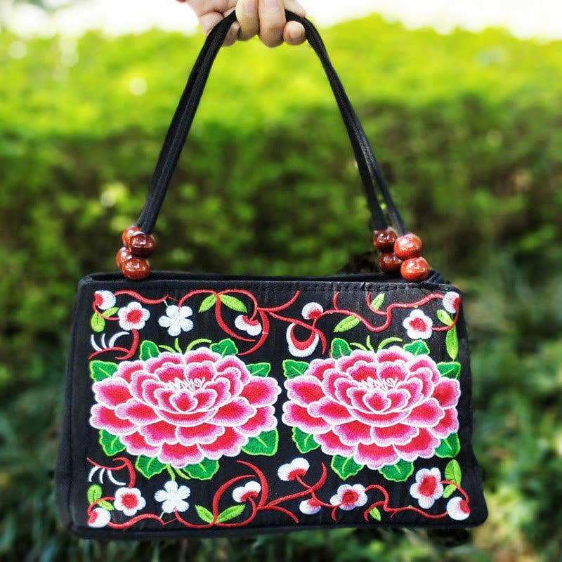 Peony Peacock Canvas Yoga Bag with Double-Sided Embroidery