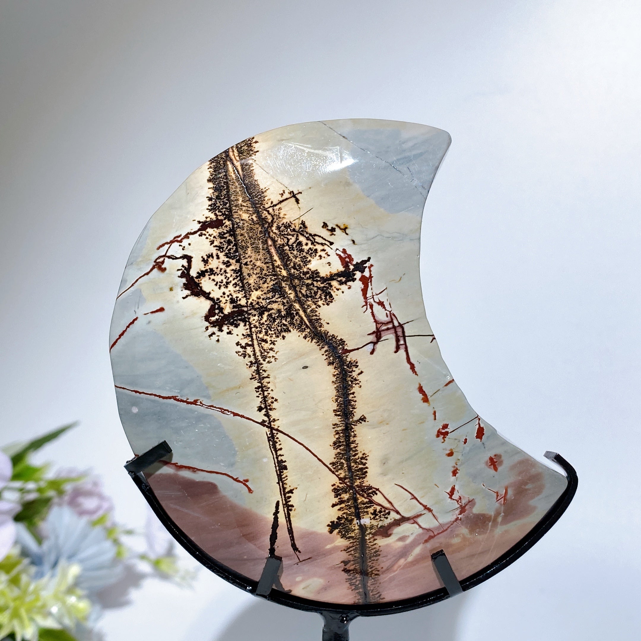 Picture Jasper 3.7in Moon Crystal Carving with Stand