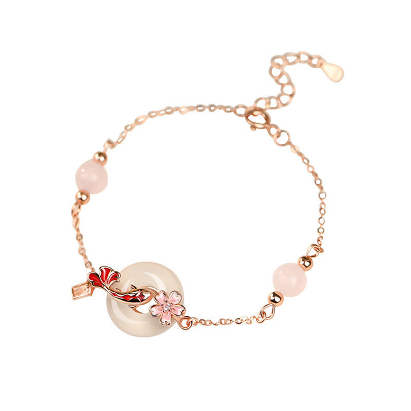 Pink Chalcedony Sterling Silver Koi Fish Peace Bracelet