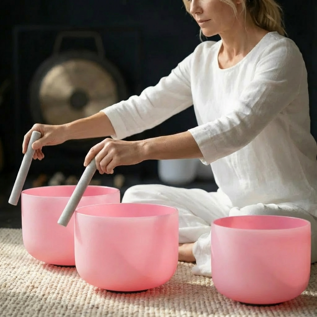 Pink Frosted Crystal Singing Bowl Set - 7 pcs 6-12"