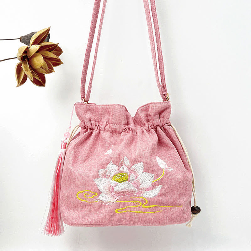 Pink Lotus Cotton Linen Crossbody Bag 19x20x10cm