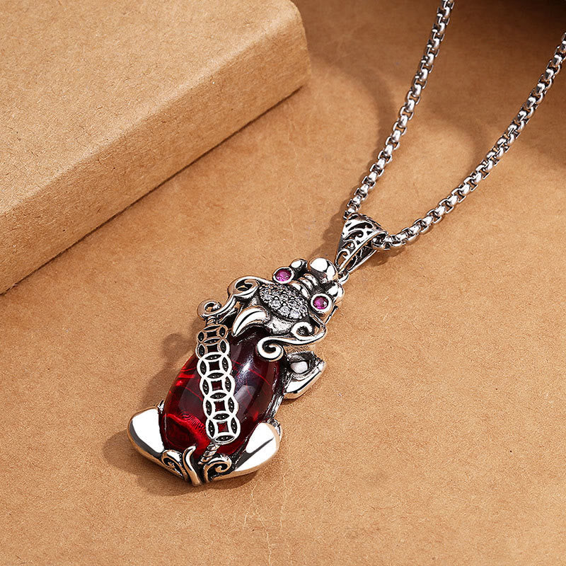 Pixiu Garnet Copper Coin Necklace for Wealth & Luck