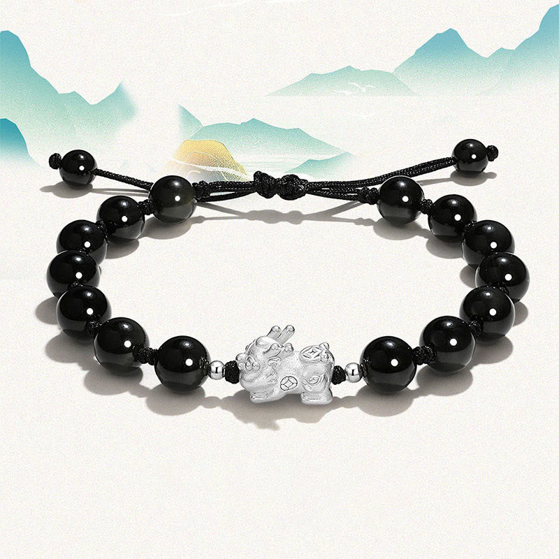 PiXiu Obsidian Cat's Eye Pink Crystal Strength Bracelet