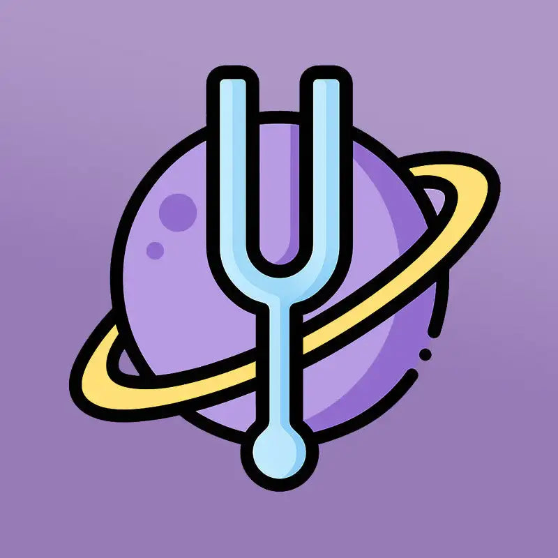 A stylized light blue tuning fork superimposed over a purple planet with yellow rings.