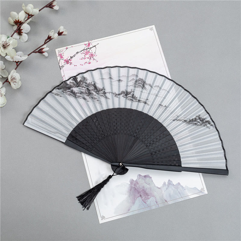 Plum Blossom Silk Bamboo Folding Fan 22.5cm Elegant Handheld