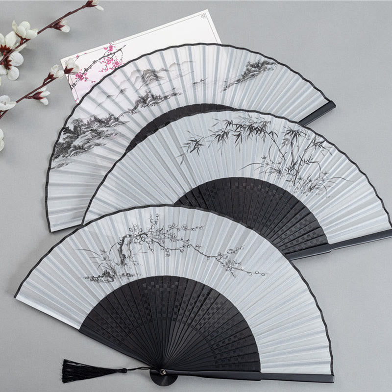 Plum Blossom Silk Bamboo Folding Fan 22.5cm Elegant Handheld