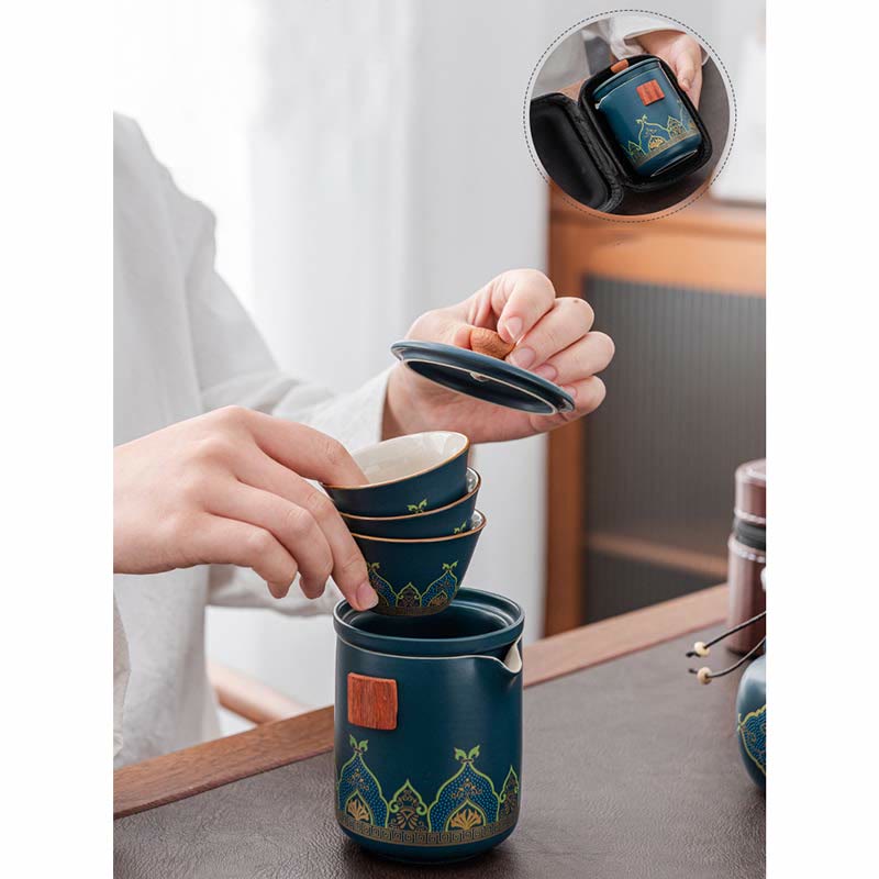 Portable Chinese Gongfu Ceramic Teapot Set with Bag